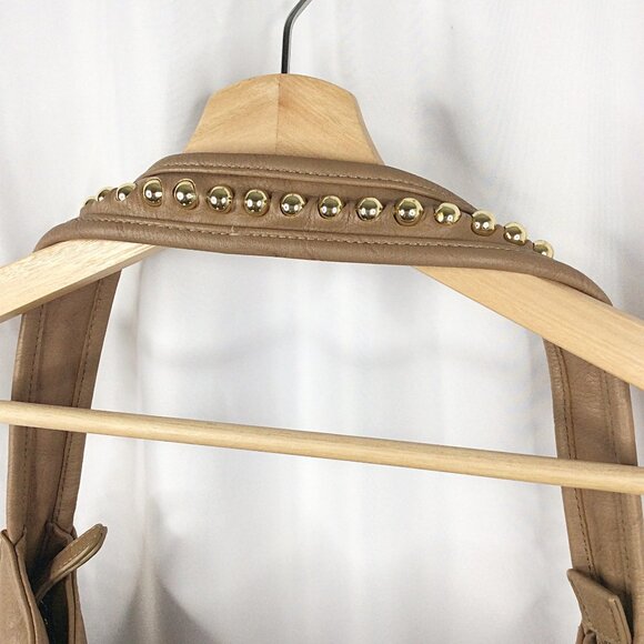 Big Buddha Fringe Shoulder Bag Carmel Brown Faux Leather Gold Bead Stud Accents - Picture 4 of 9